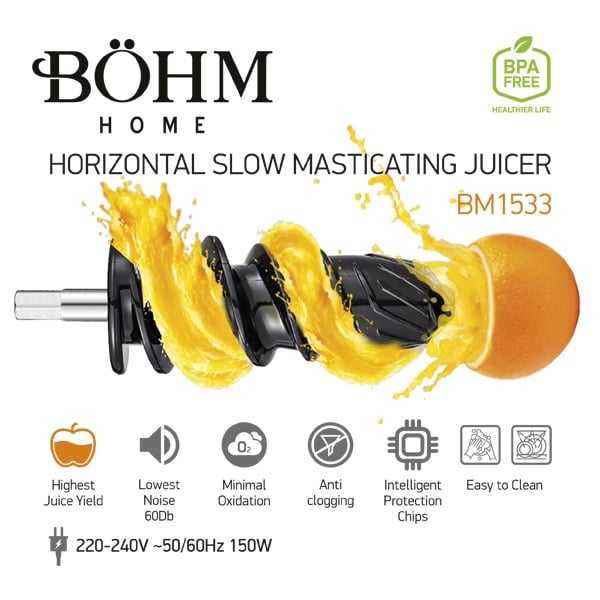 Böhm BM1533 Slow Juicer mit Reibe – 150 W, BPA - frei, leise & effizient für nährstoffreiche Säfte - MN HOMETECH - Slow Juicer - 