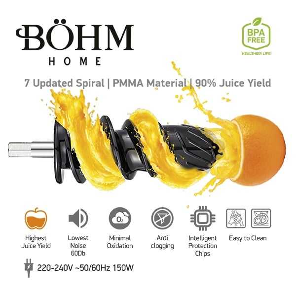 Böhm BM1533SM Slow Juicer mit Reibe – 150 W, leise & BPA - frei, für Saft & Obstverarbeitung - MN HOMETECH - Slow Juicer - 