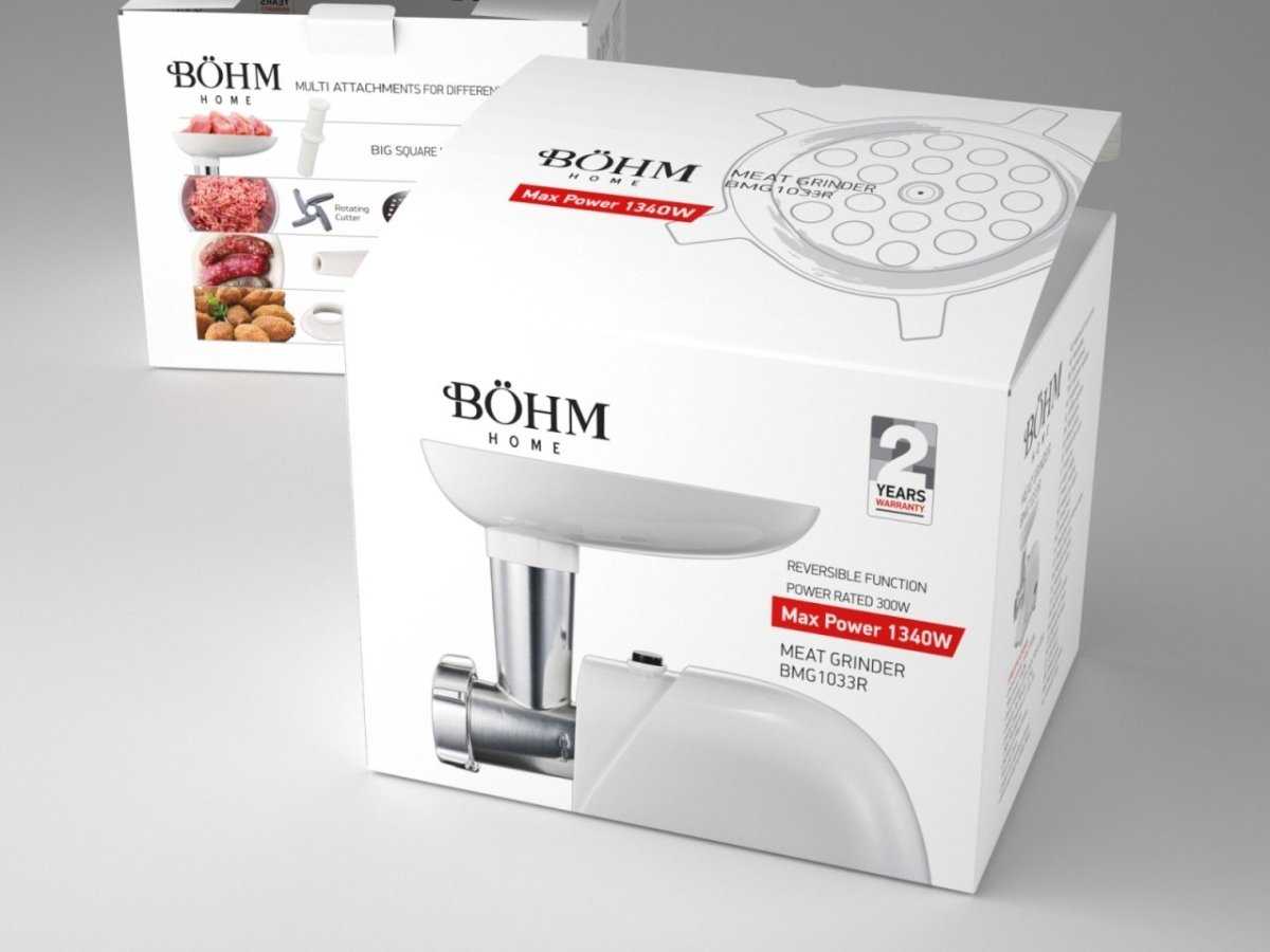 Böhm BMG1033R – Elektrischer Fleischwolf, 300–1340 W, 1,5 kg/min, 2 Siebe, Wurst - & Kebbe - Aufsätze - MN HOMETECH - Elektrische Fleischwolfmaschine - 