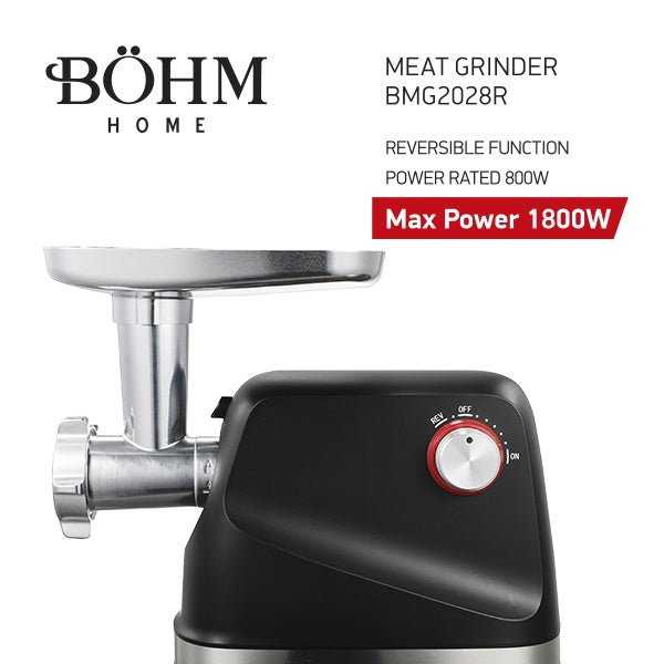 Böhm BMG2028R – Elektrischer Fleischwolf, 800–1800 W, 1,8 kg/min, 3 Siebe, Wurst - & Kebbe - Aufsätze - MN HOMETECH - Elektrische Fleischwolfmaschine - 