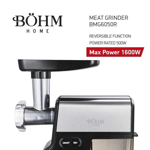 Böhm BMG6050R – Elektrischer Fleischwolf, 500–1600 W, 1,7 kg/min, 3 Siebe, Wurst - & Kebbe - Aufsätze - MN HOMETECH - Elektrische Fleischwolfmaschine - 