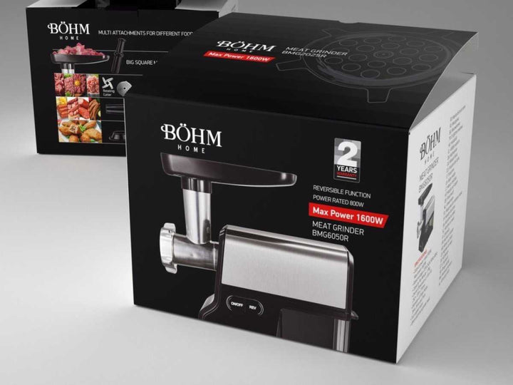 Böhm BMG6050R – Elektrischer Fleischwolf, 500–1600 W, 1,7 kg/min, 3 Siebe, Wurst - & Kebbe - Aufsätze - MN HOMETECH - Elektrische Fleischwolfmaschine - 