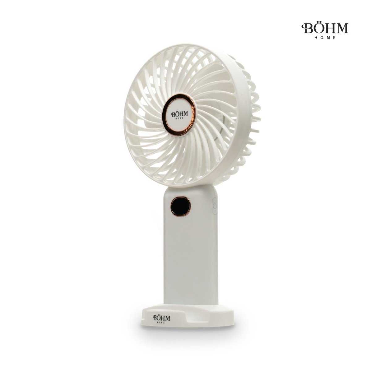 Böhm BSF-F11 USB-Ventilator mit Akku in Weiß, 4-Zoll kompakter Tischventilator mit 5 Geschwindigkeiten und digitaler Anzeige für Büro oder Zuhause.