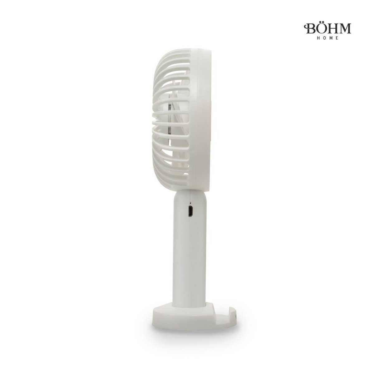 Seitenansicht des Böhm BSF-F11 USB-Ventilators mit Akku, kompakt und tragbar, ideal für Büro oder Zuhause. 5 Geschwindigkeiten, digital gesteuert.