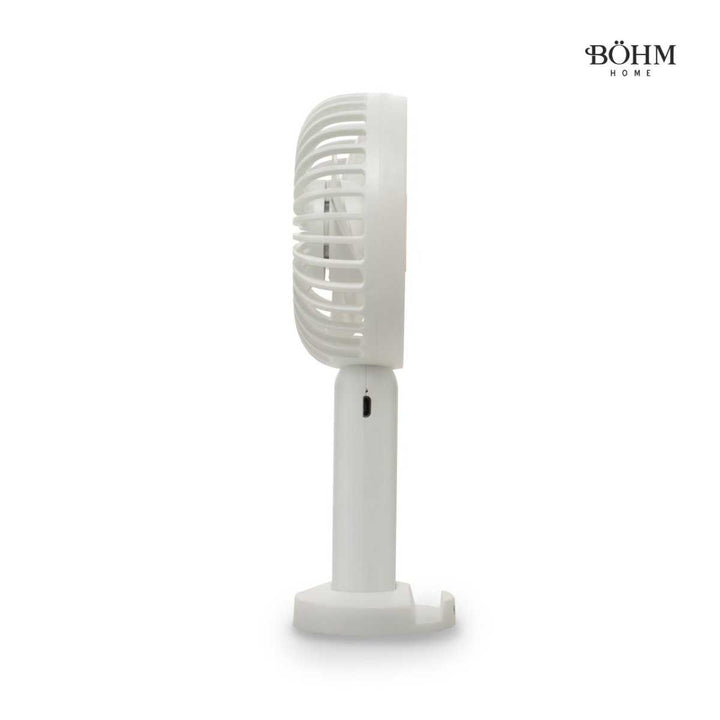 Seitenansicht des Böhm BSF-F11 USB-Ventilators mit Akku, kompakt und tragbar, ideal für Büro oder Zuhause. 5 Geschwindigkeiten, digital gesteuert.