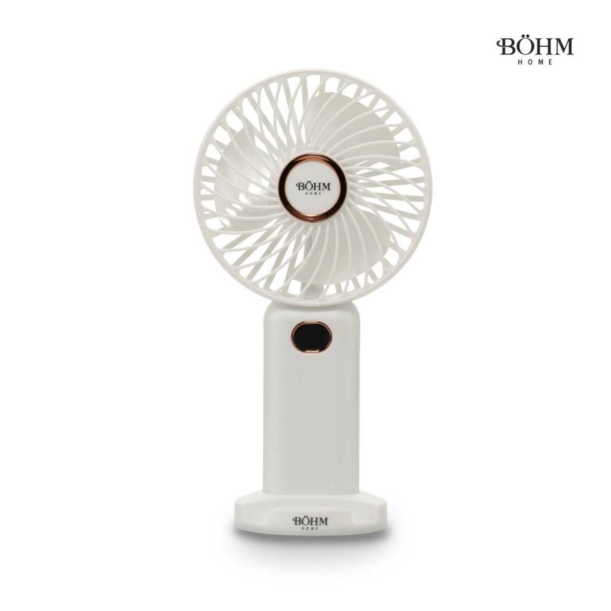 Böhm BSF-F11 USB-Ventilator mit Akku in Weiß, kompakter 4-Zoll Tischventilator mit 5 Geschwindigkeiten und digitaler Anzeige für Büro oder Zuhause.
