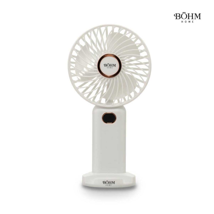 Böhm BSF-F11 USB-Ventilator mit Akku in Weiß, kompakter 4-Zoll Tischventilator mit 5 Geschwindigkeiten und digitaler Anzeige für Büro oder Zuhause.