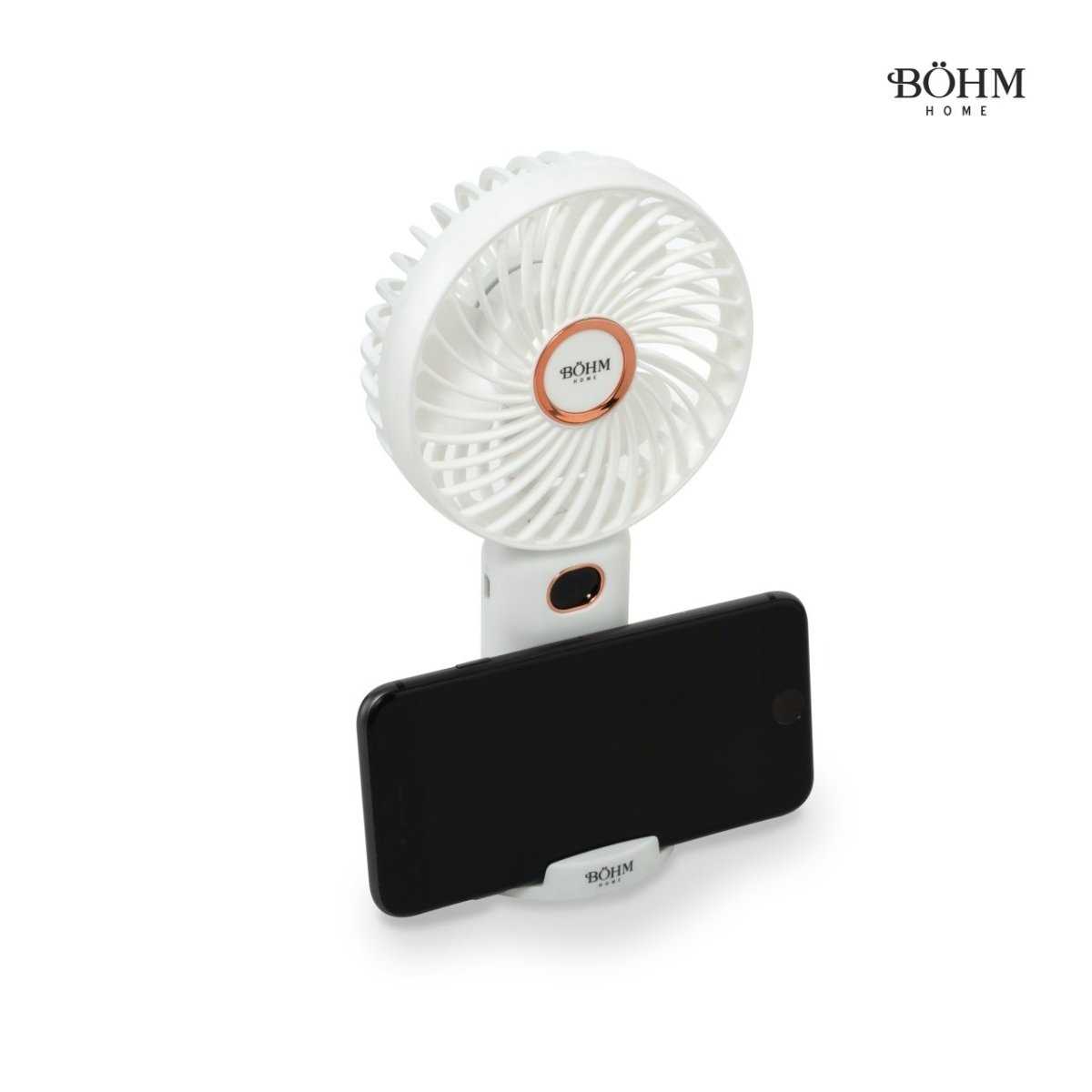 Böhm BSF-F11 USB-Ventilator mit Akku, 5 Geschwindigkeiten und Digitalanzeige, kompakt mit Smartphone-Halterung, ideal für Büro oder Zuhause.